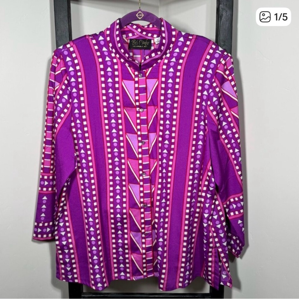Bob Mackie Wearable Art Geometric Blouse — Vintage Bold Purple Print!